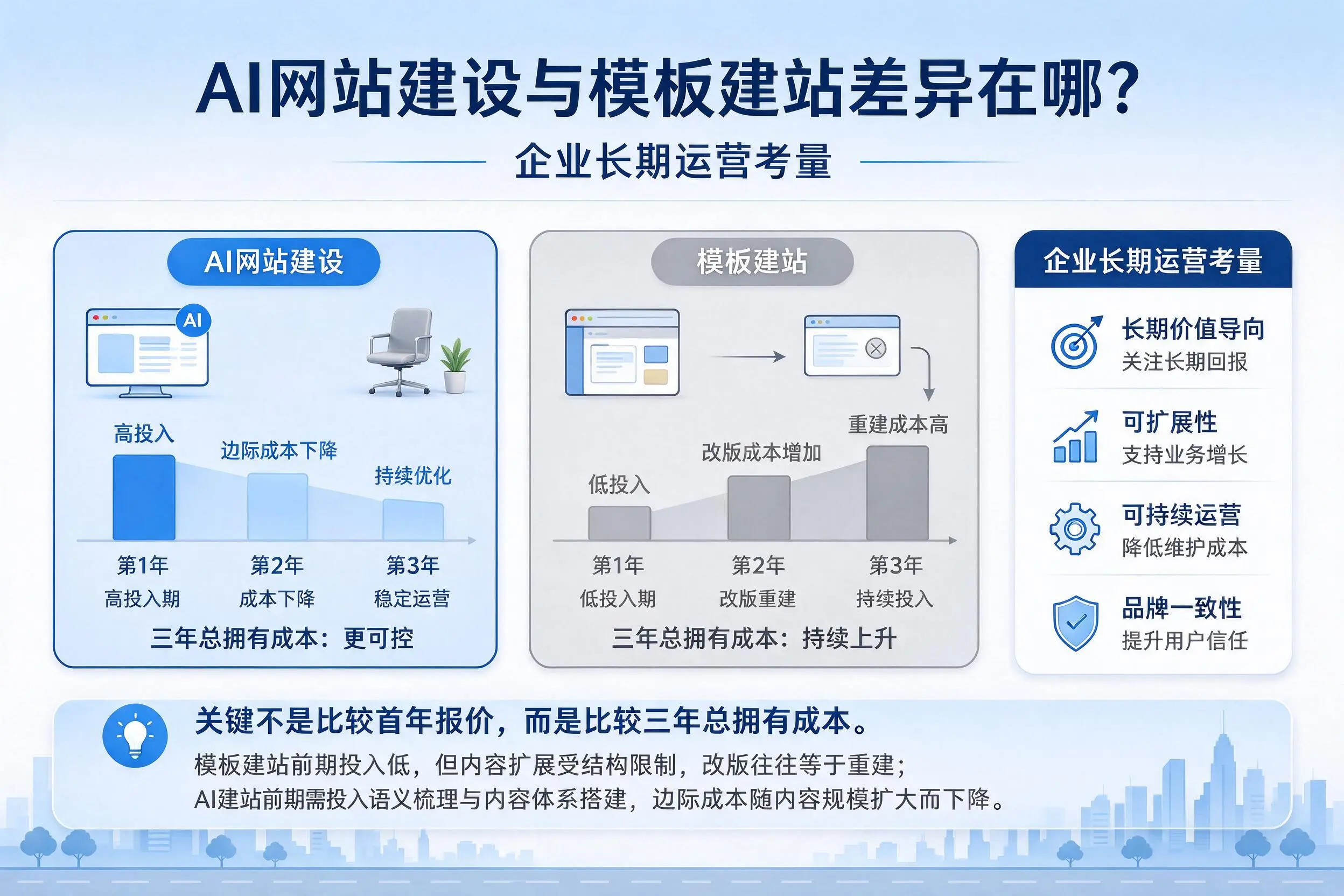 AI网站建设与模板建站差异在哪?岳阳企业长期运营考量